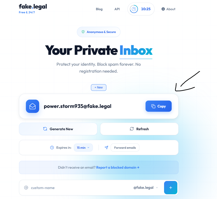 fake.legal homepage showing the auto-generated email address